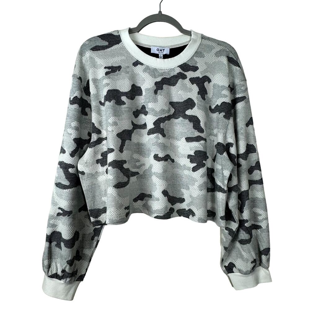 OAT Gray Camo Balloon Sleeved Top Sweatshirt NWT Size Small